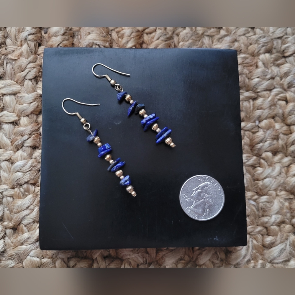 Lapis Lazuli Stacked Chip Earrings, Brilliant Blue and Gold Toned